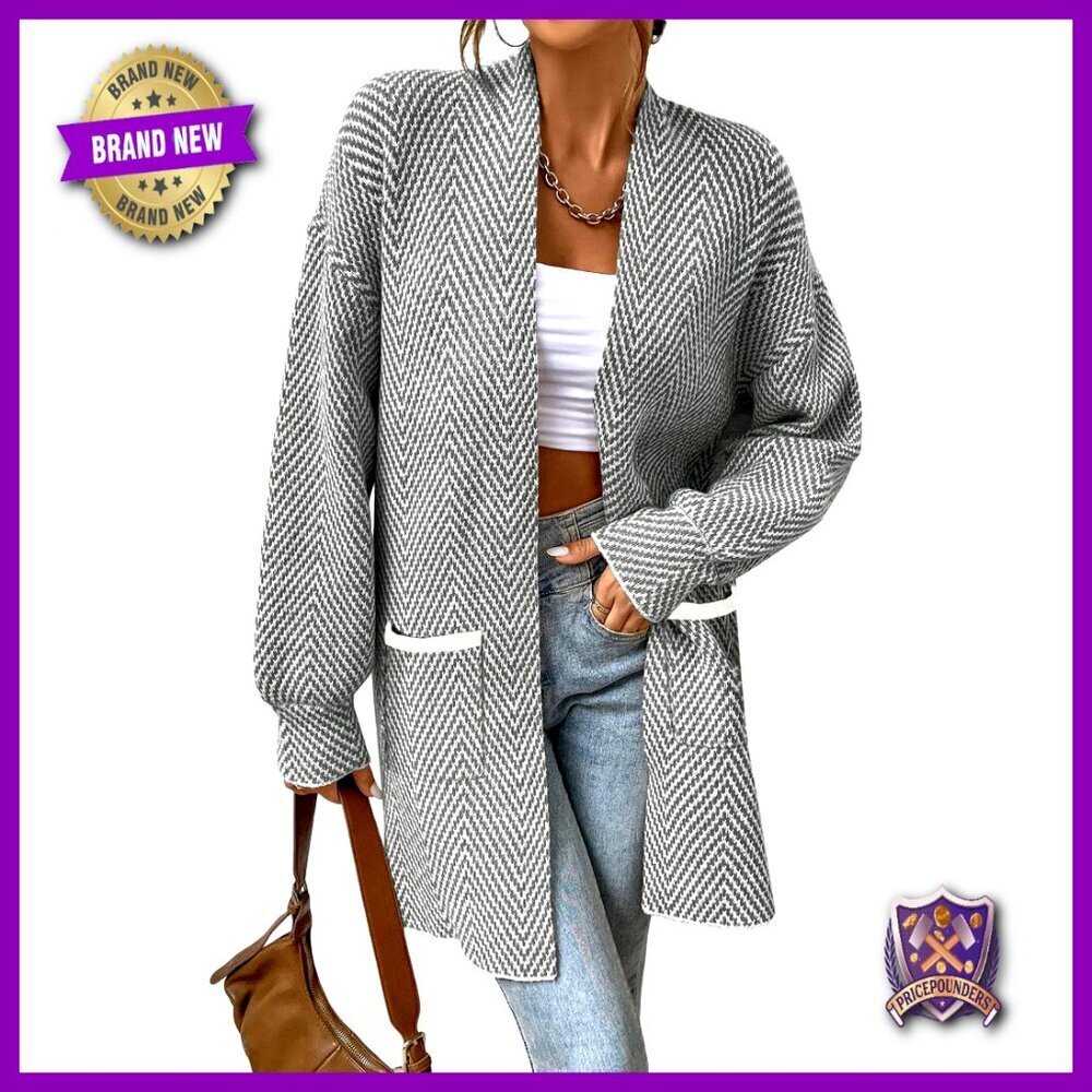 Chunky Knit Chevron Cardigan, Open Front, 100% Acrylic, Women's Sweater